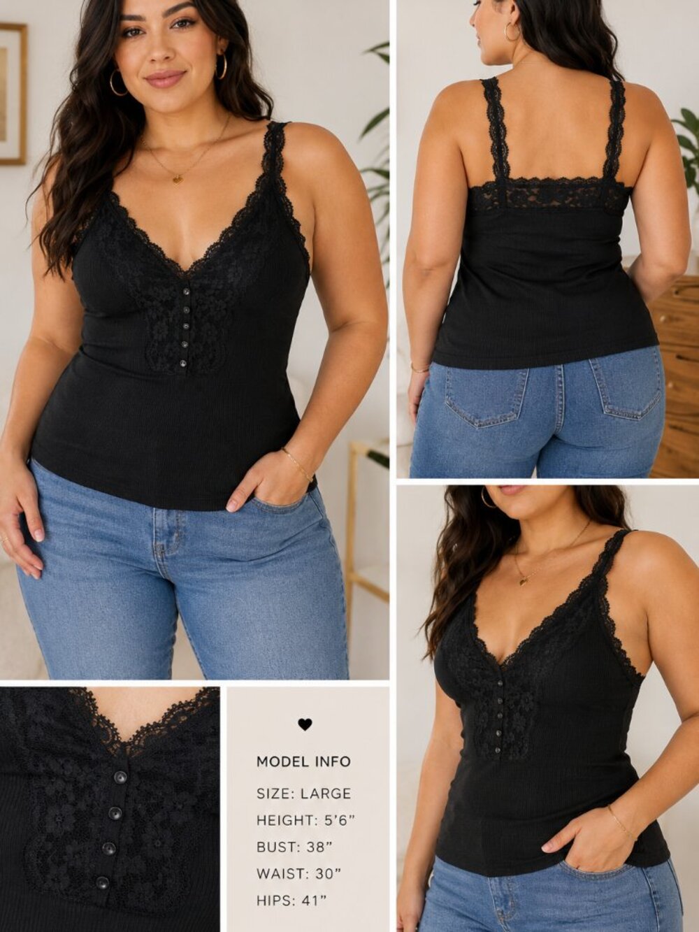 Streetwear Society L Black Lace Trim Button Front Cotton Tank - Picture 4 of 7